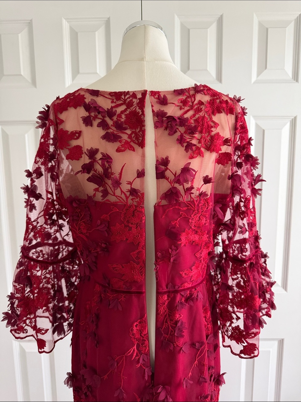 Marchesa Notte Red Lace Midi Dress 3d Floral Appliqué Mesh Wedding Guest Size 10 - Picture 11 of 17